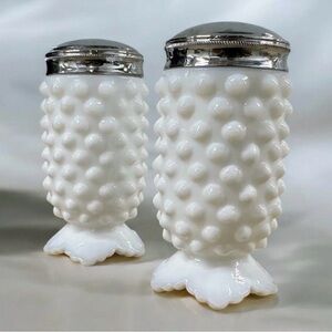 Vintage Milk Glass Hobnail Salt & Pepper Shakers Footed Pair - Collectible
